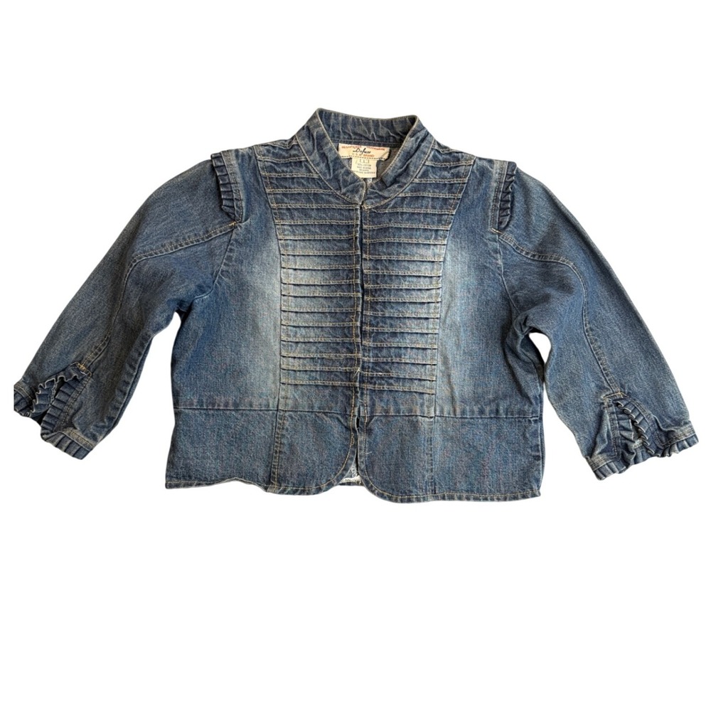 Vintage 90s Y2K Denim Military Style Cropped Jacket Womens L Blue Pintuck Ruffle